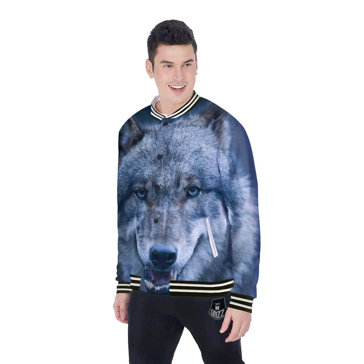 Wolf White And Navy Print Baseball Jacket-grizzshop