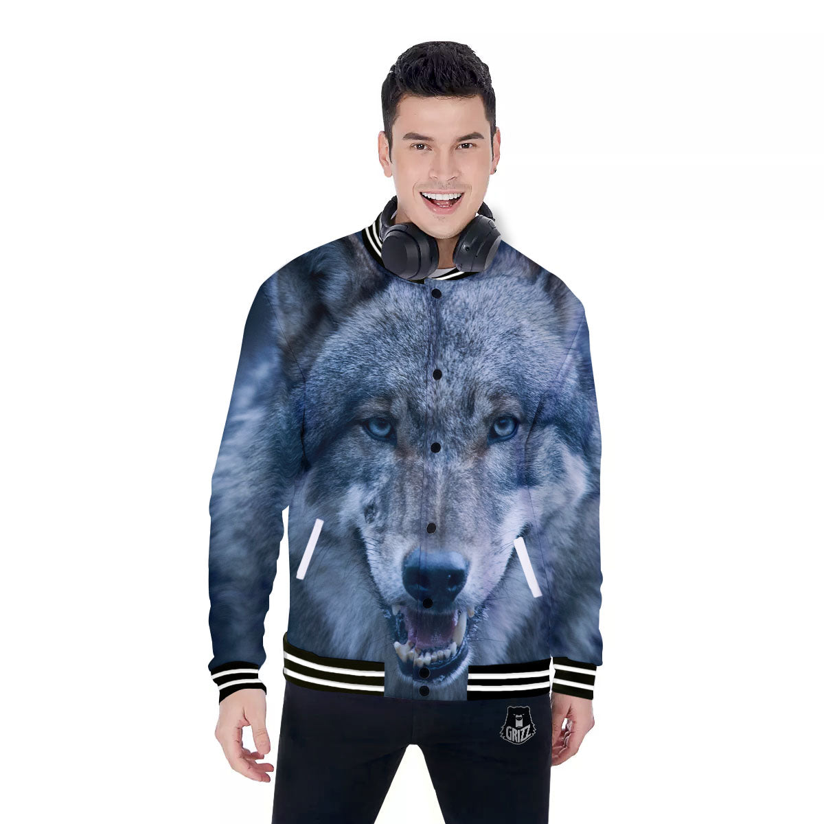 Wolf White And Navy Print Baseball Jacket-grizzshop