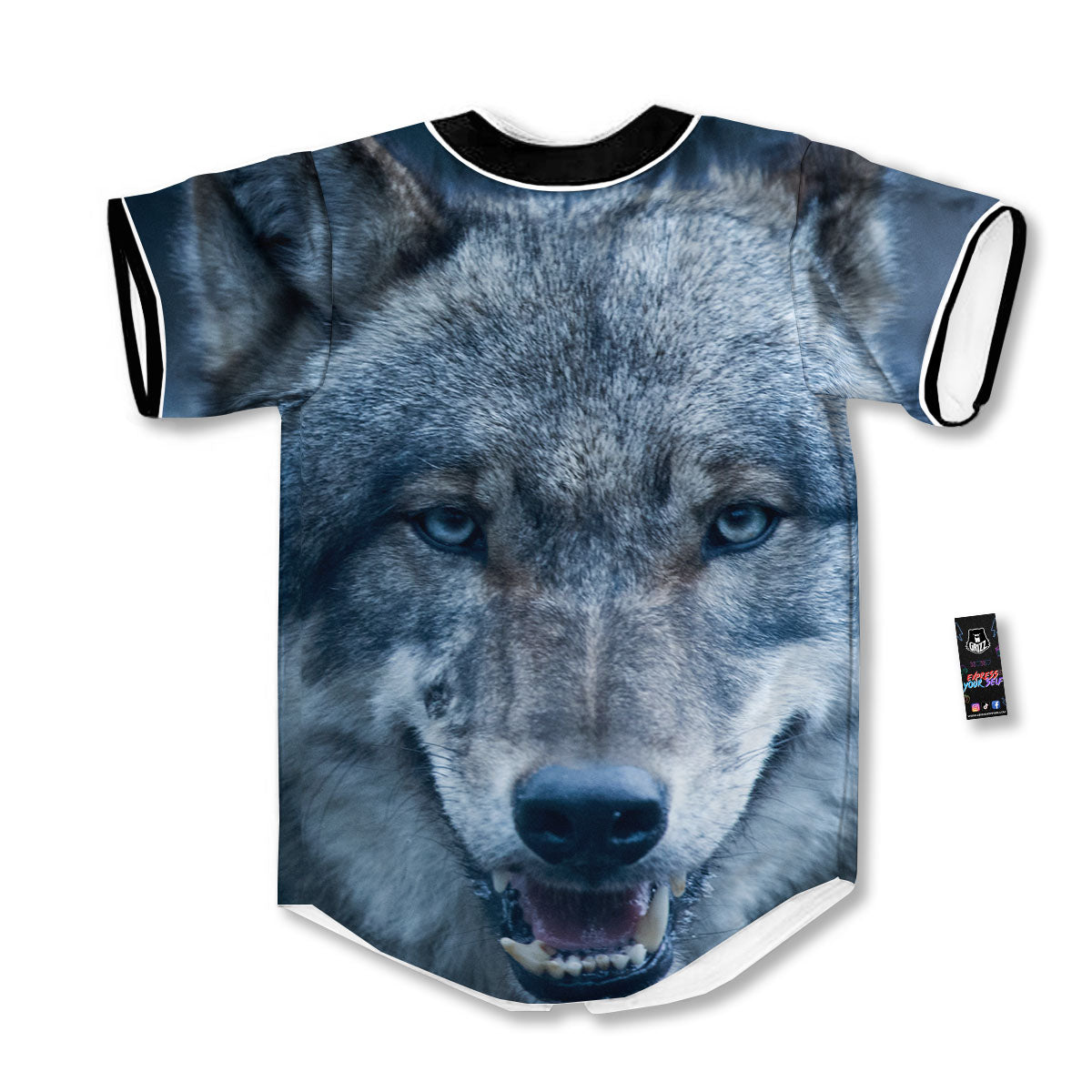 Wolf White And Navy Print Baseball Jersey-grizzshop