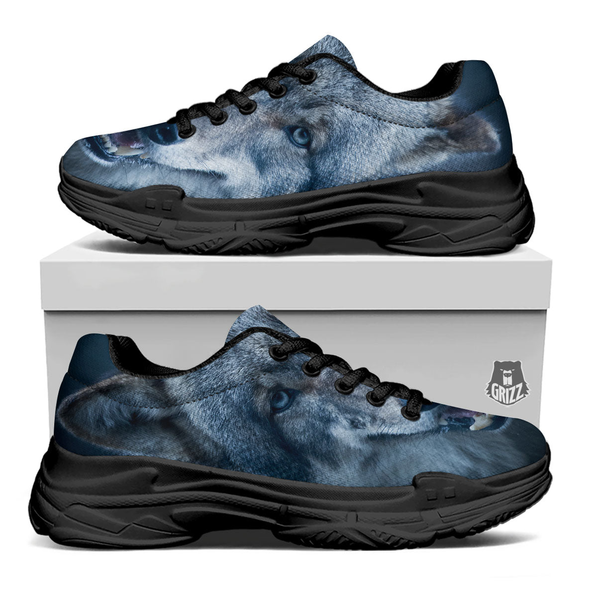 Wolf White And Navy Print Black Chunky Shoes-grizzshop