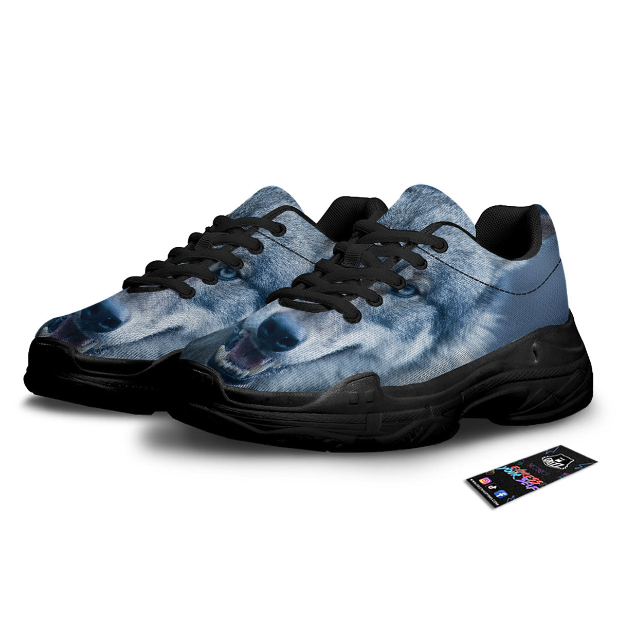Wolf White And Navy Print Black Chunky Shoes-grizzshop