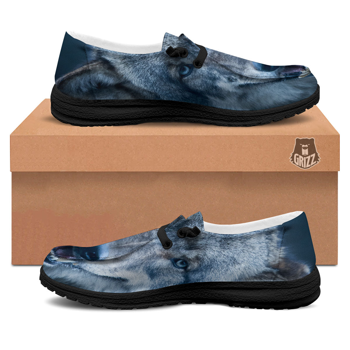 Wolf White And Navy Print Black Loafers-grizzshop