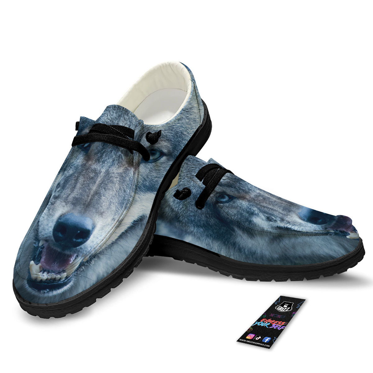 Wolf White And Navy Print Black Loafers-grizzshop