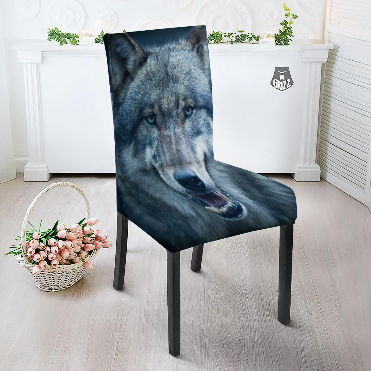 Wolf White And Navy Print Dining Chair Slipcover-grizzshop