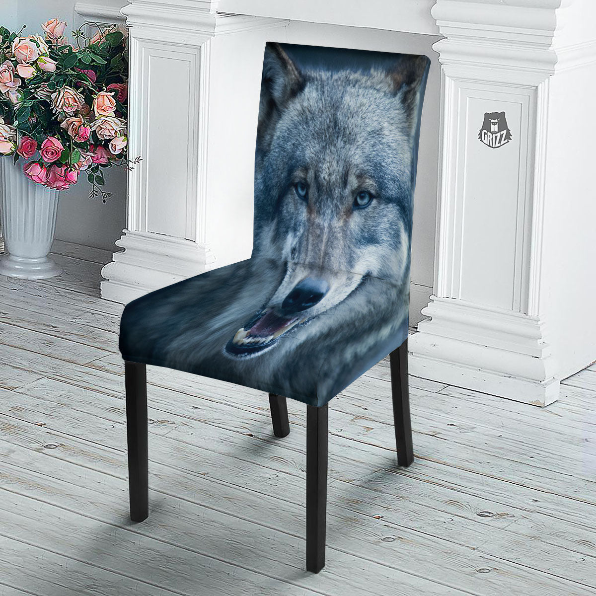 Wolf White And Navy Print Dining Chair Slipcover-grizzshop