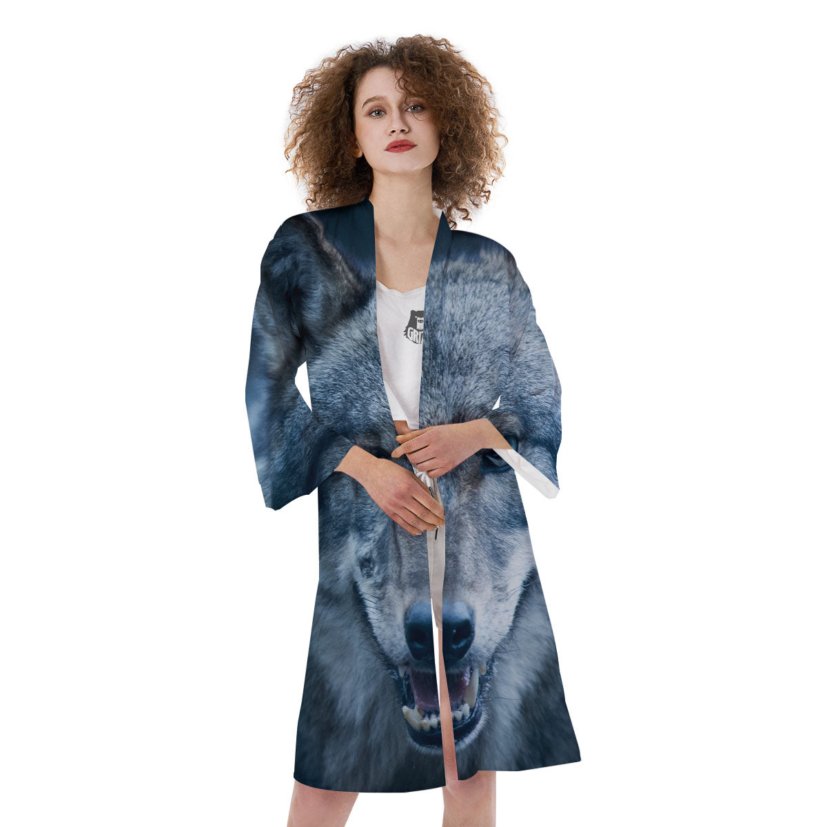 Wolf White And Navy Print Kimono-grizzshop