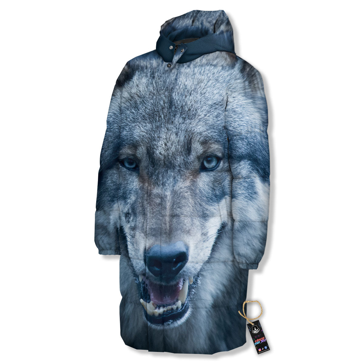 Wolf White And Navy Print Long Down Jacket-grizzshop