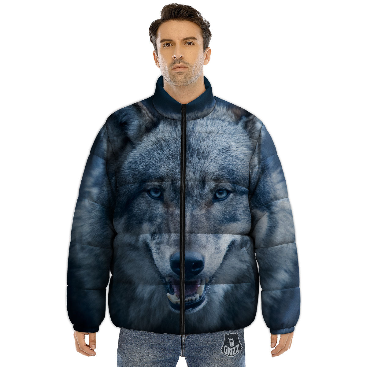 Wolf White And Navy Print Puffer Jacket-grizzshop