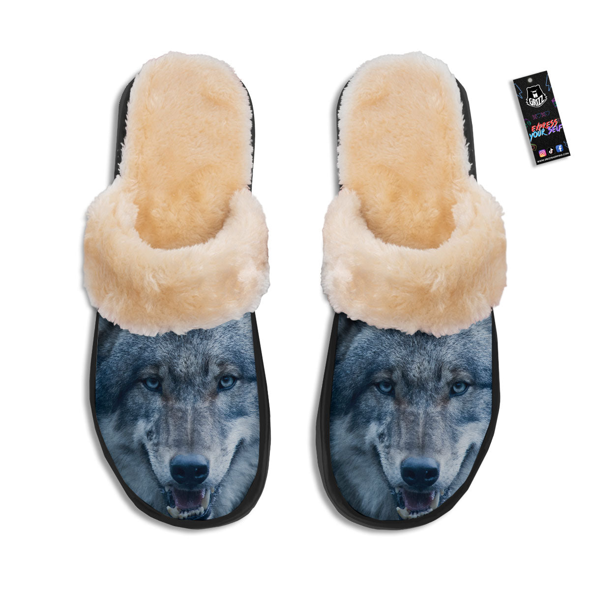 Wolf White And Navy Print Slippers-grizzshop