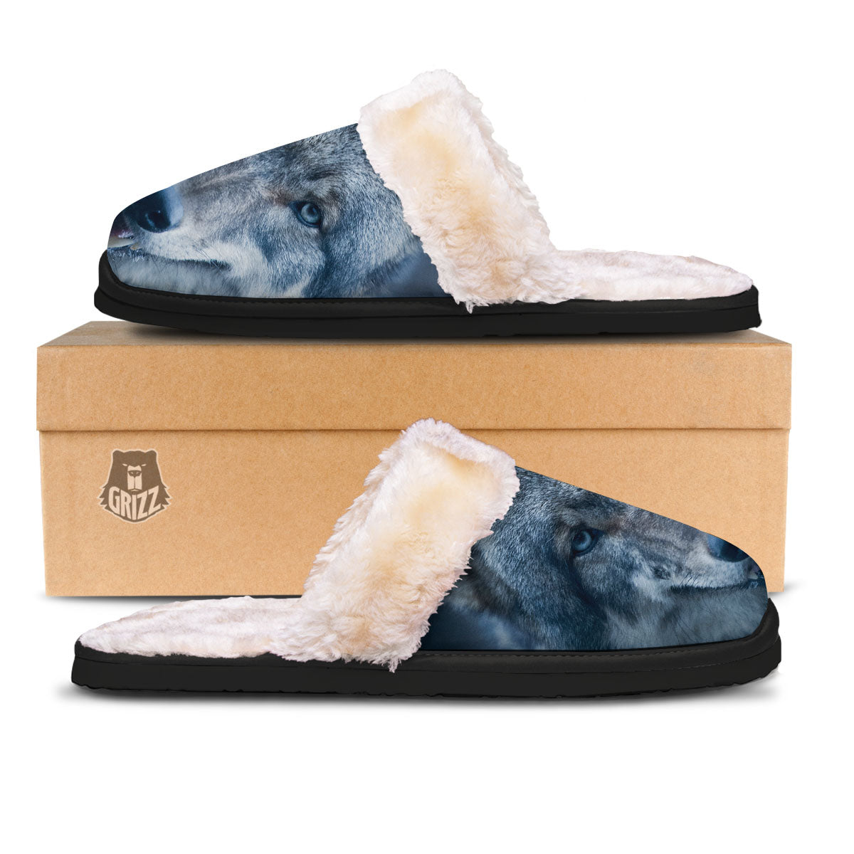 Wolf White And Navy Print Slippers-grizzshop