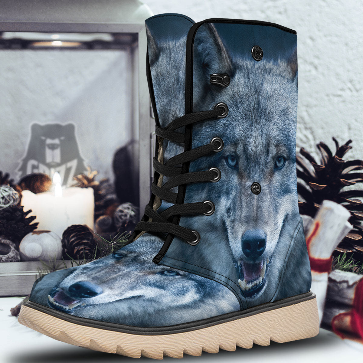Wolf White And Navy Print Snow Boots-grizzshop