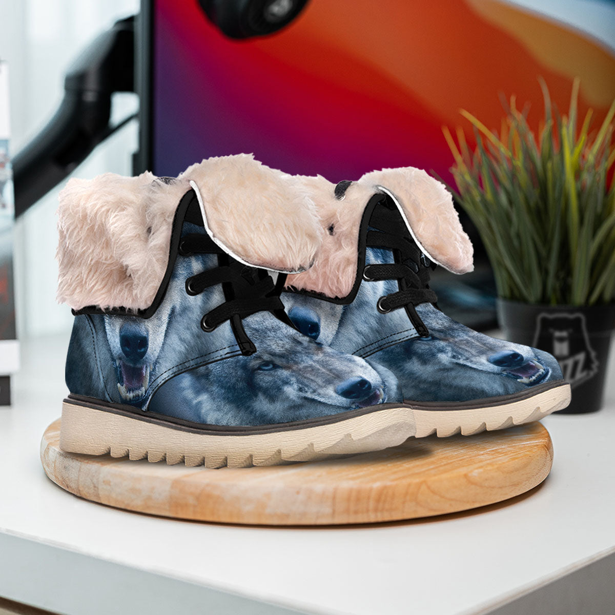 Wolf White And Navy Print Snow Boots-grizzshop