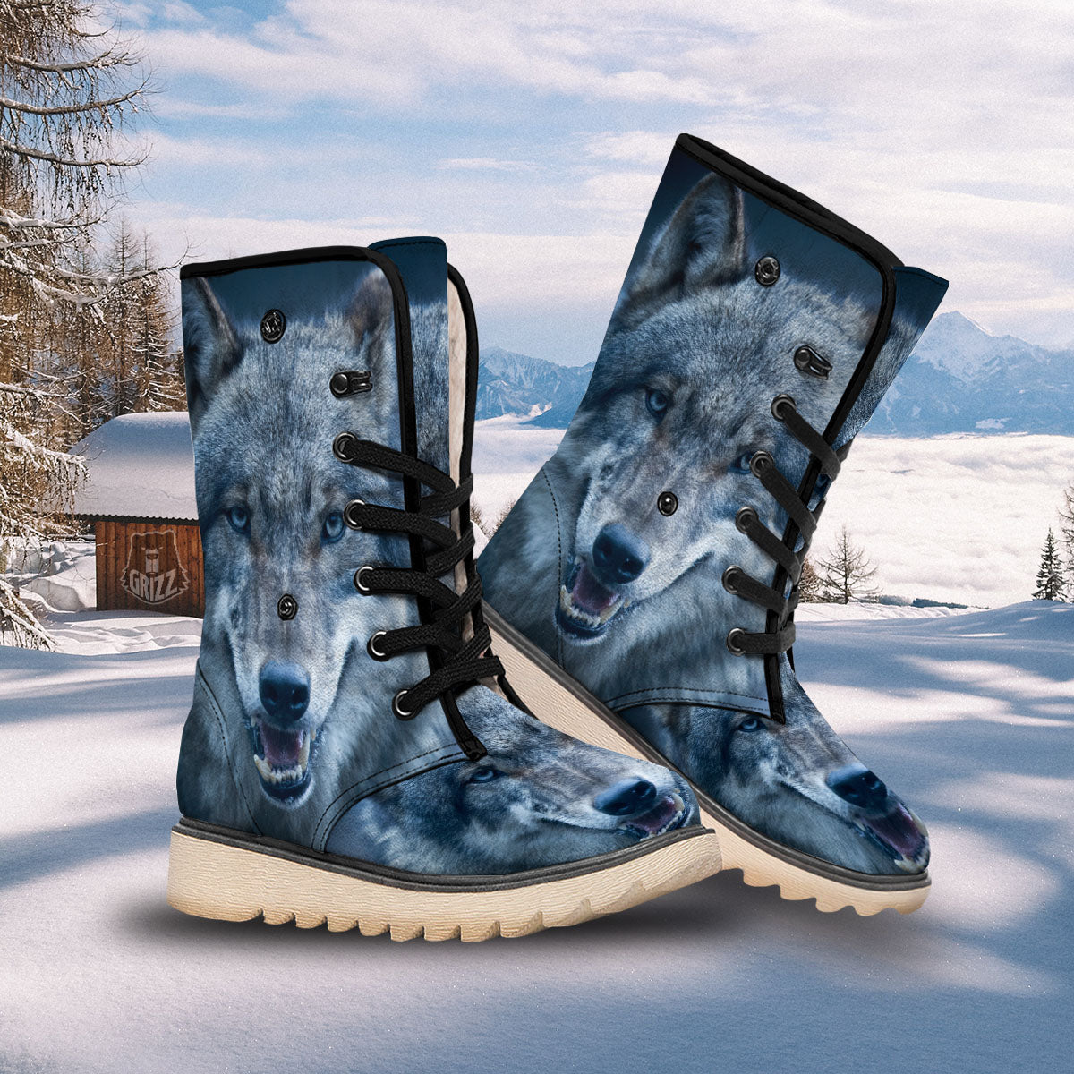 Wolf White And Navy Print Snow Boots-grizzshop