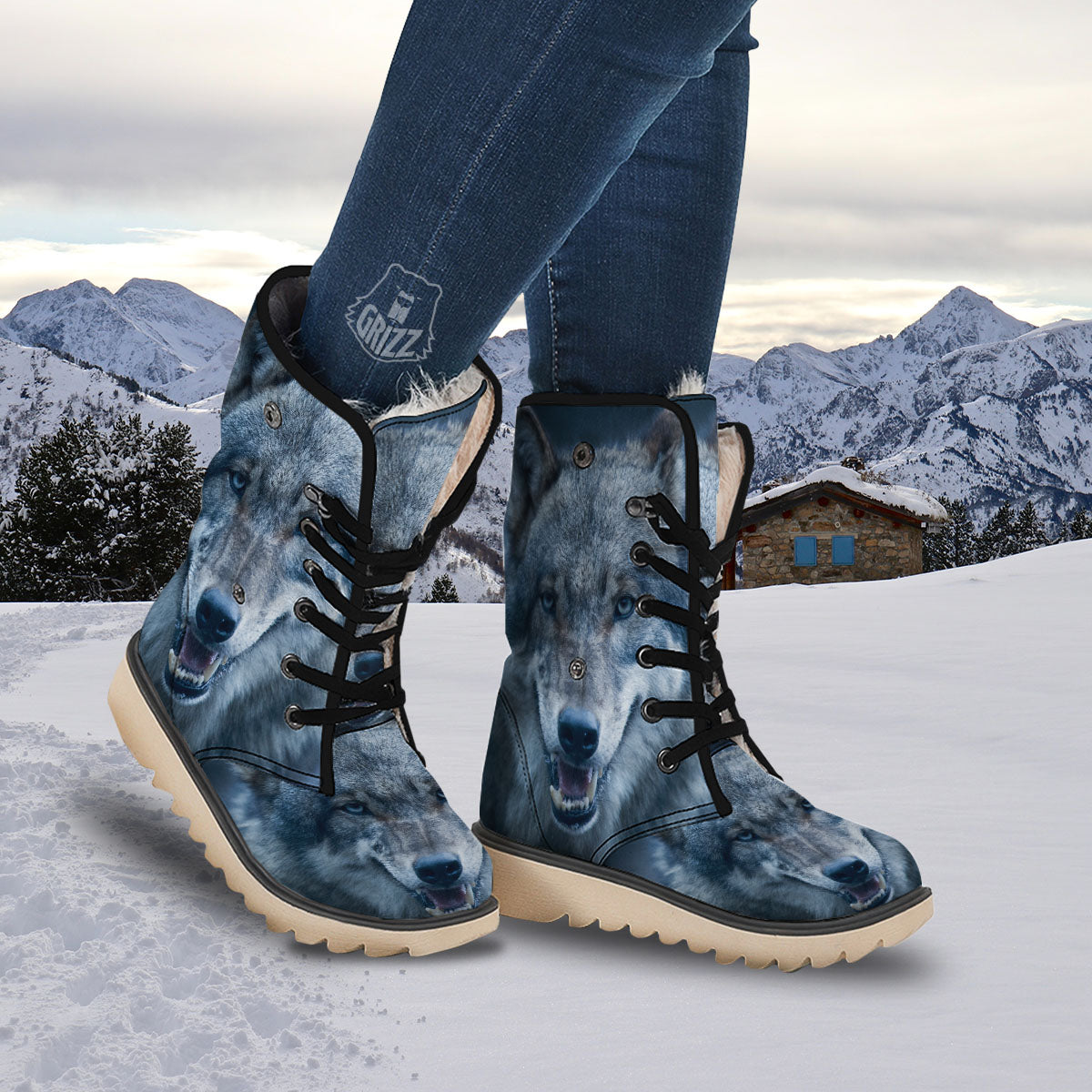 Wolf White And Navy Print Snow Boots-grizzshop