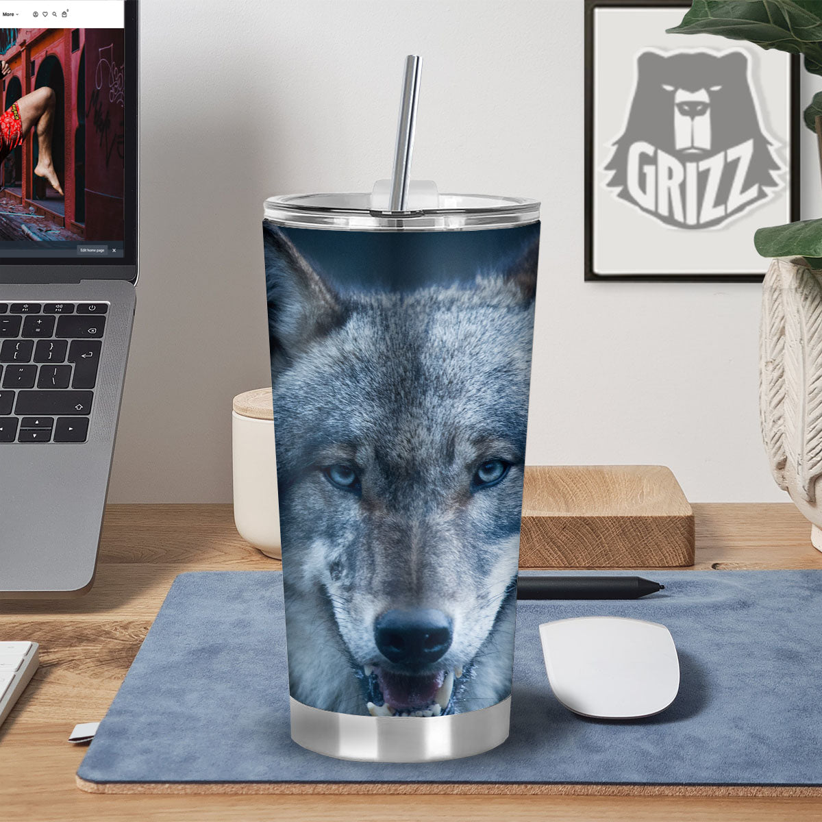 Wolf White And Navy Print Tumbler-grizzshop