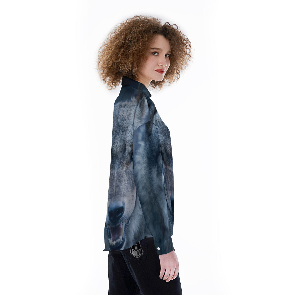 Wolf White And Navy Print Women's Long Sleeve Shirts-grizzshop