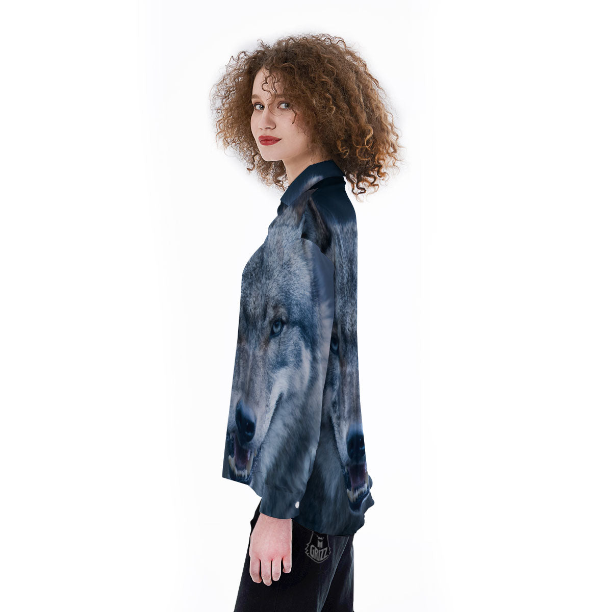 Wolf White And Navy Print Women's Long Sleeve Shirts-grizzshop