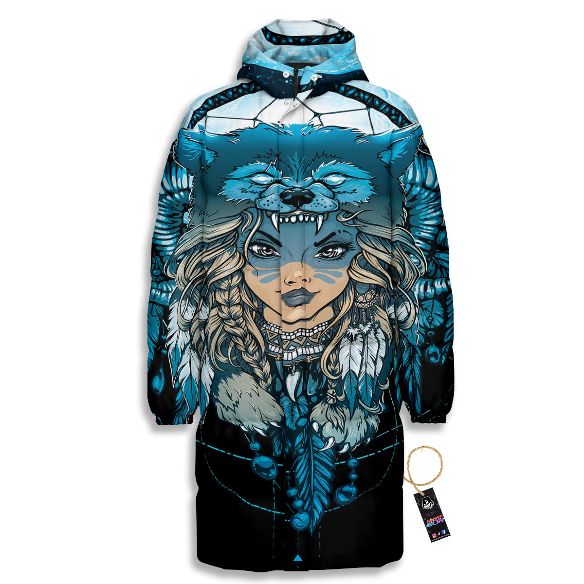 Wolf Girl Native American Print Long Down Jacket