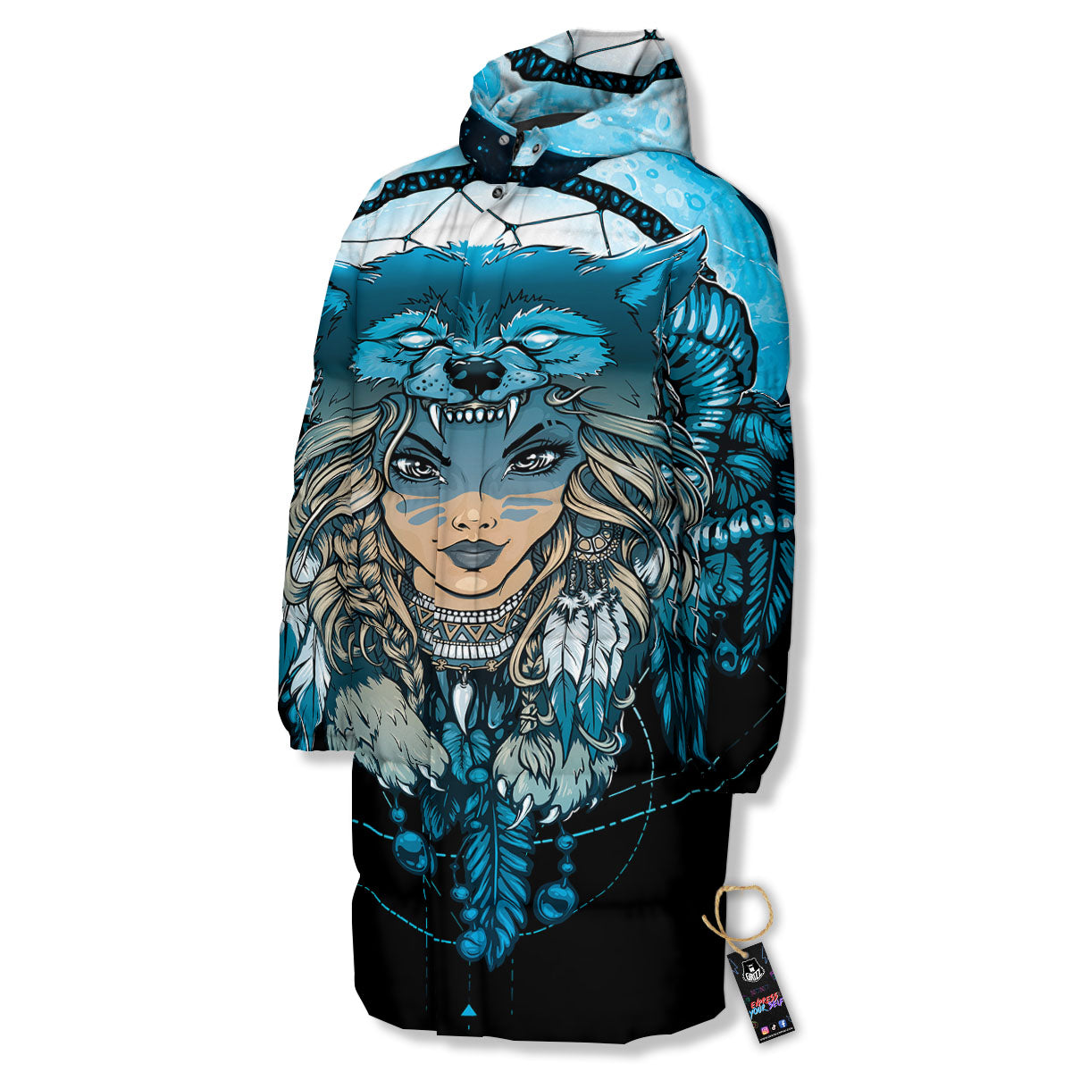 Wolf Girl Native American Print Long Down Jacket