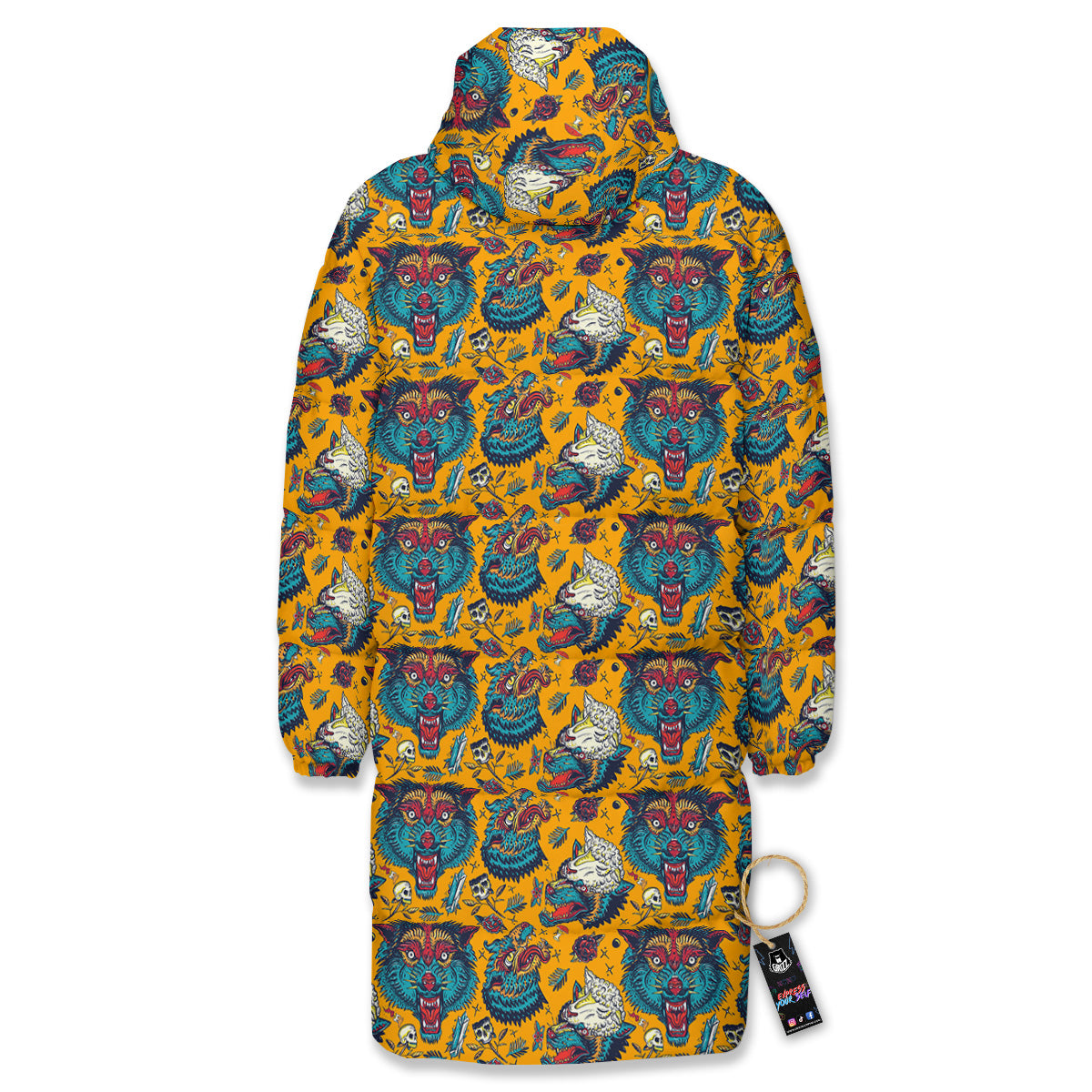 Wolf Head Yellow Tattoo Print Pattern Long Down Jacket