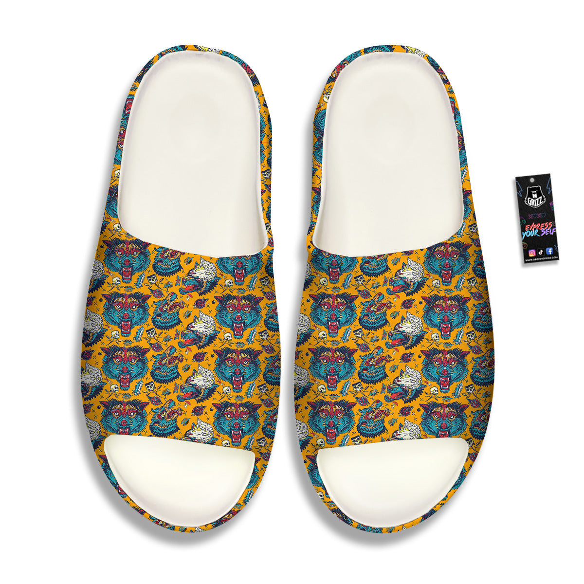 Wolf Head Yellow Tattoo Print Pattern Sandals-grizzshop
