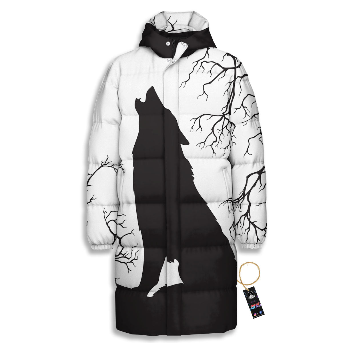 Wolf Spirit And Moon Print Long Down Jacket