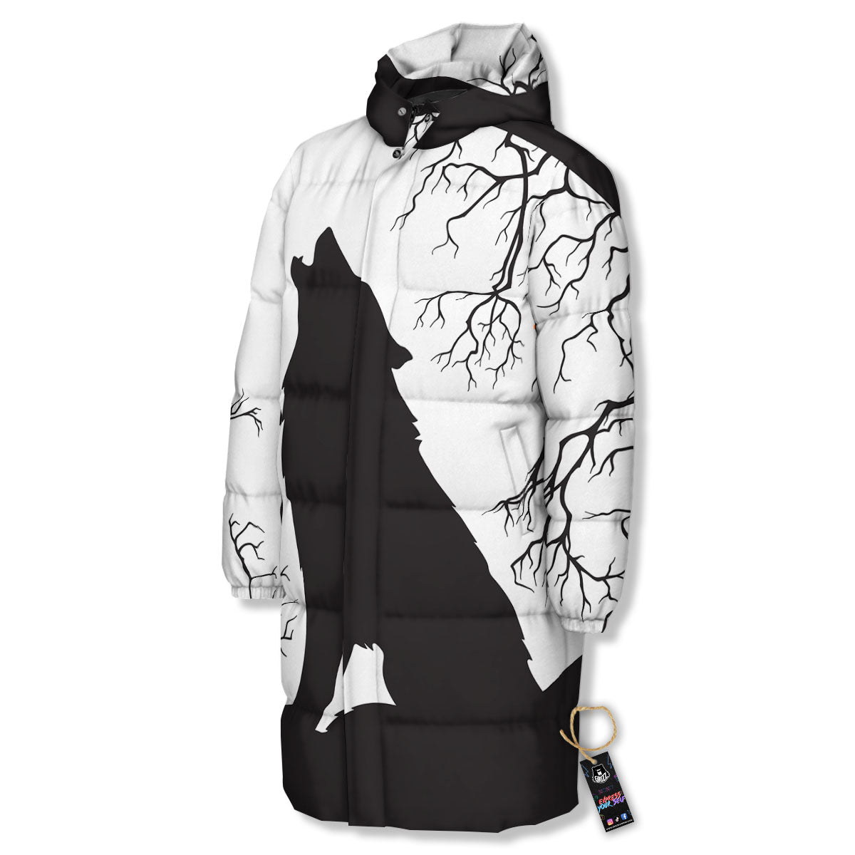 Wolf Spirit And Moon Print Long Down Jacket