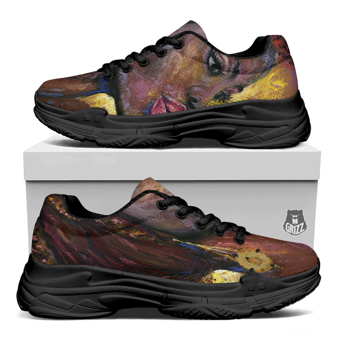 Woman African Print Black Chunky Shoes-grizzshop