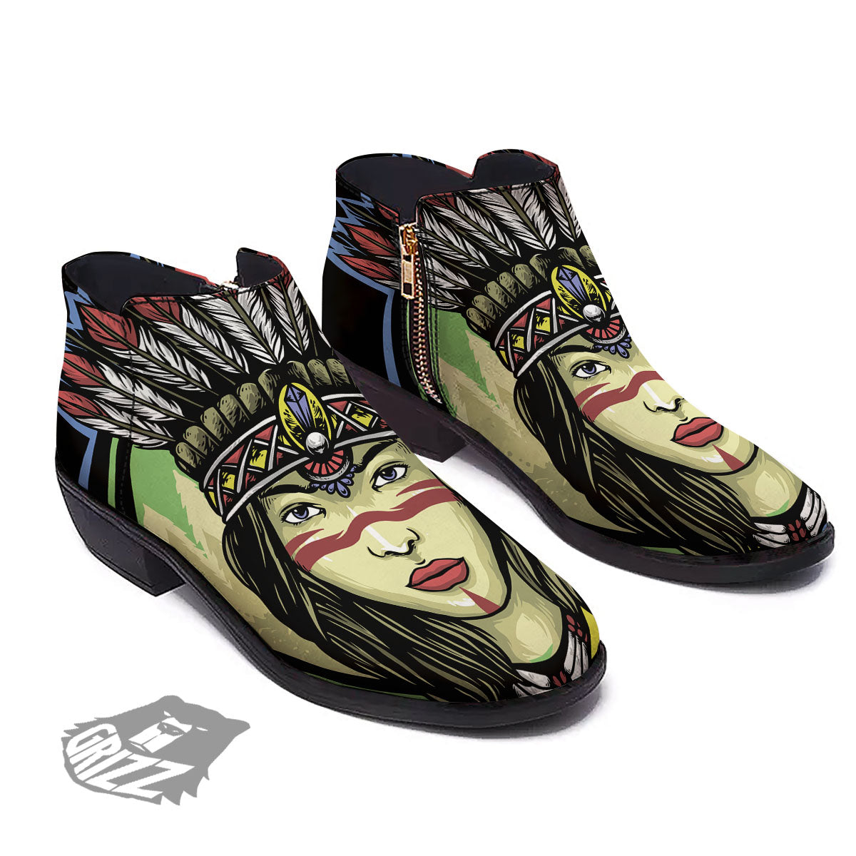 Woman Portrait Native Indian Print Ankle Boots-grizzshop