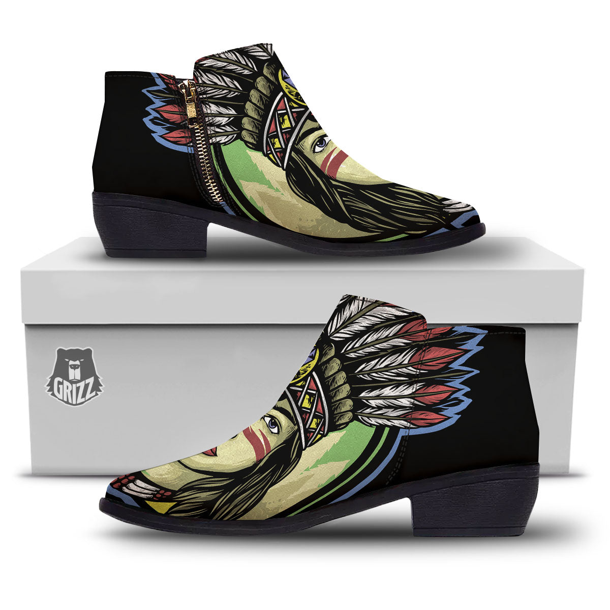 Woman Portrait Native Indian Print Ankle Boots-grizzshop