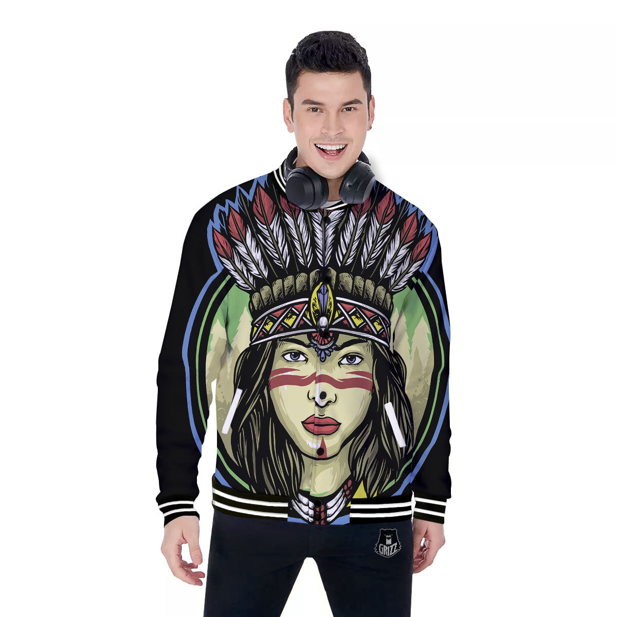 Woman Portrait Native Indian Print Baseball Jacket-grizzshop