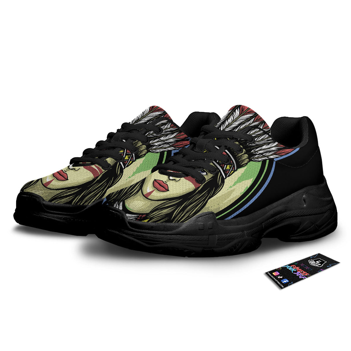 Woman Portrait Native Indian Print Black Chunky Shoes-grizzshop