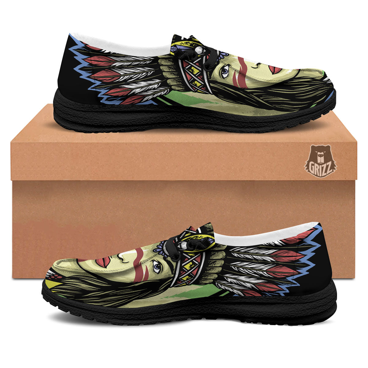 Woman Portrait Native Indian Print Black Loafers-grizzshop