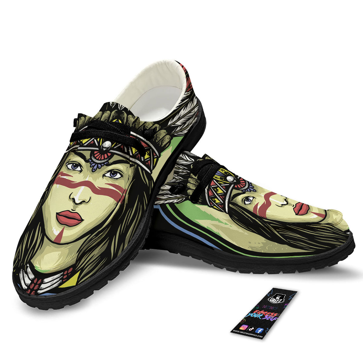 Woman Portrait Native Indian Print Black Loafers-grizzshop