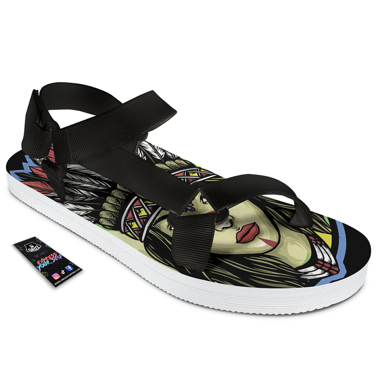 Woman Portrait Native Indian Print Black Open Toe Sandals-grizzshop