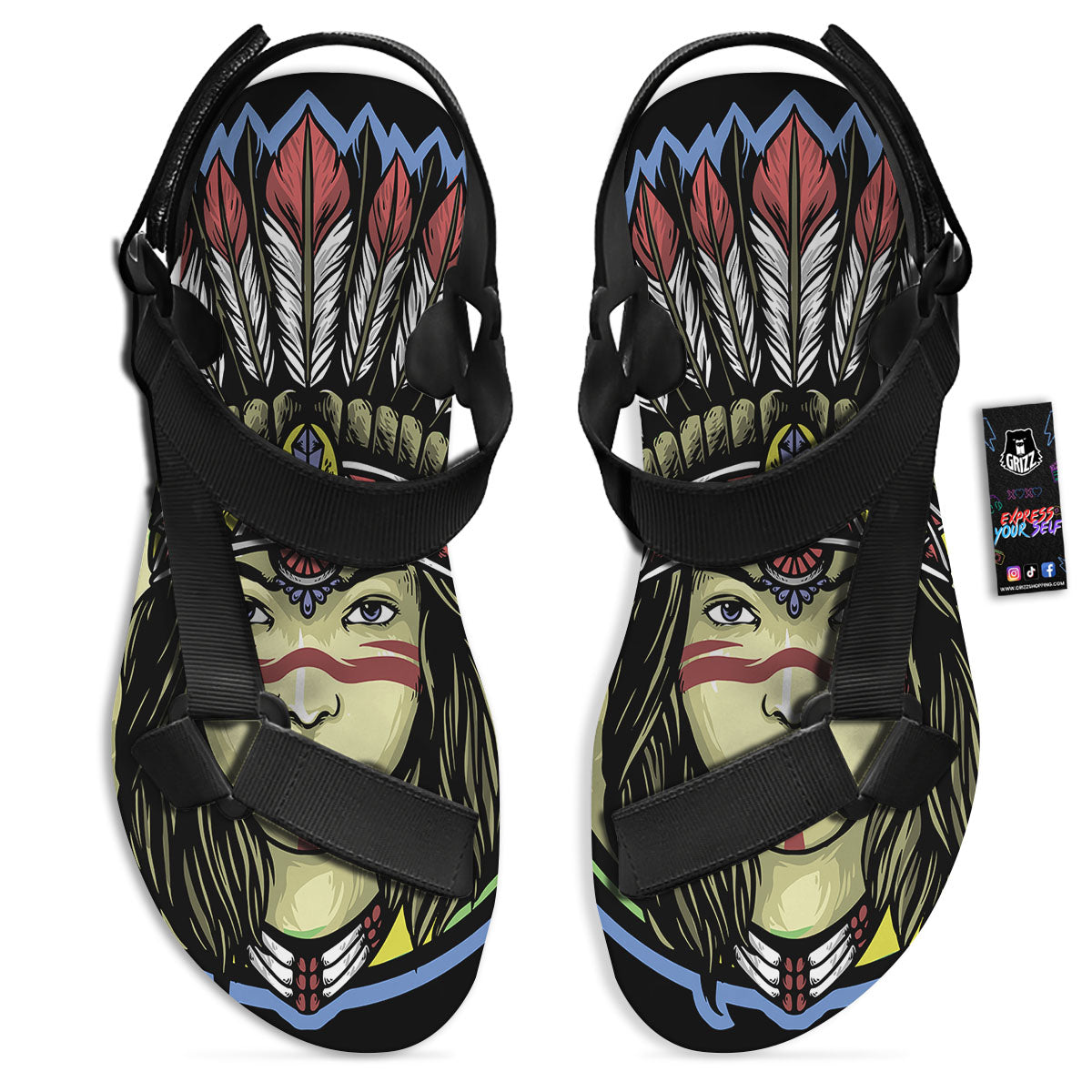 Woman Portrait Native Indian Print Black Open Toe Sandals-grizzshop