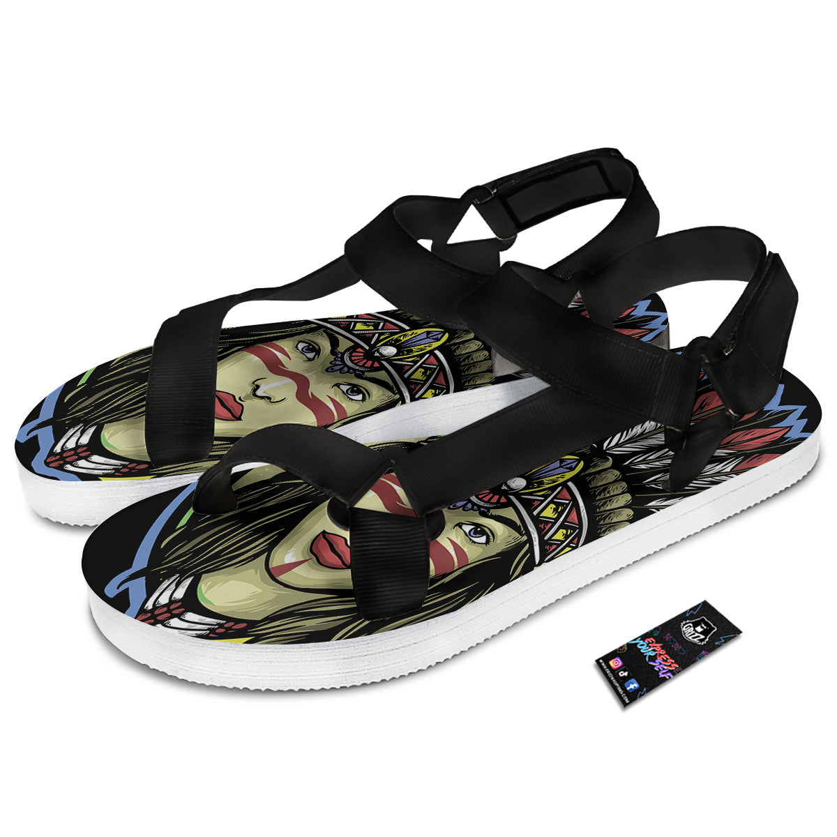 Woman Portrait Native Indian Print Black Open Toe Sandals-grizzshop