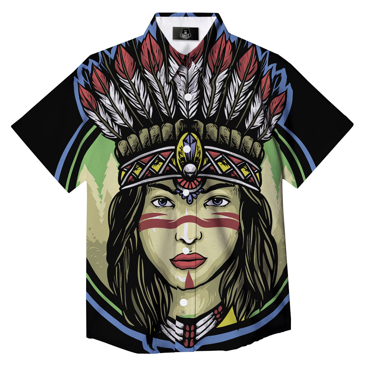 Woman Portrait Native Indian Print Button Up Shirt-grizzshop