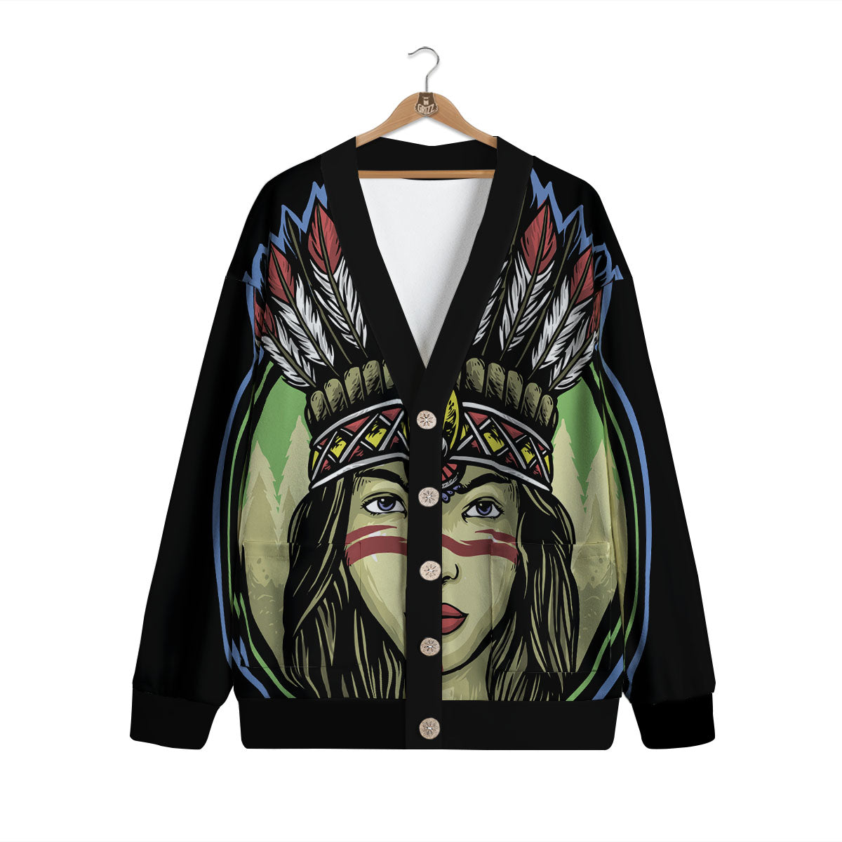 Woman Portrait Native Indian Print Cardigan-grizzshop