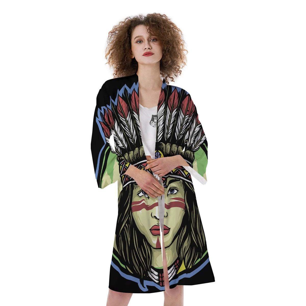 Woman Portrait Native Indian Print Kimono-grizzshop