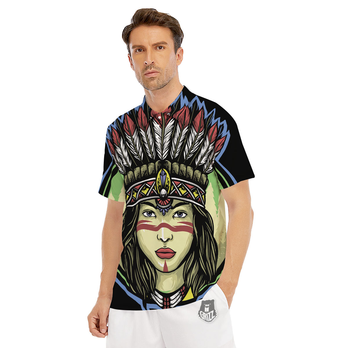 Woman Portrait Native Indian Print Men's Golf Shirts-grizzshop