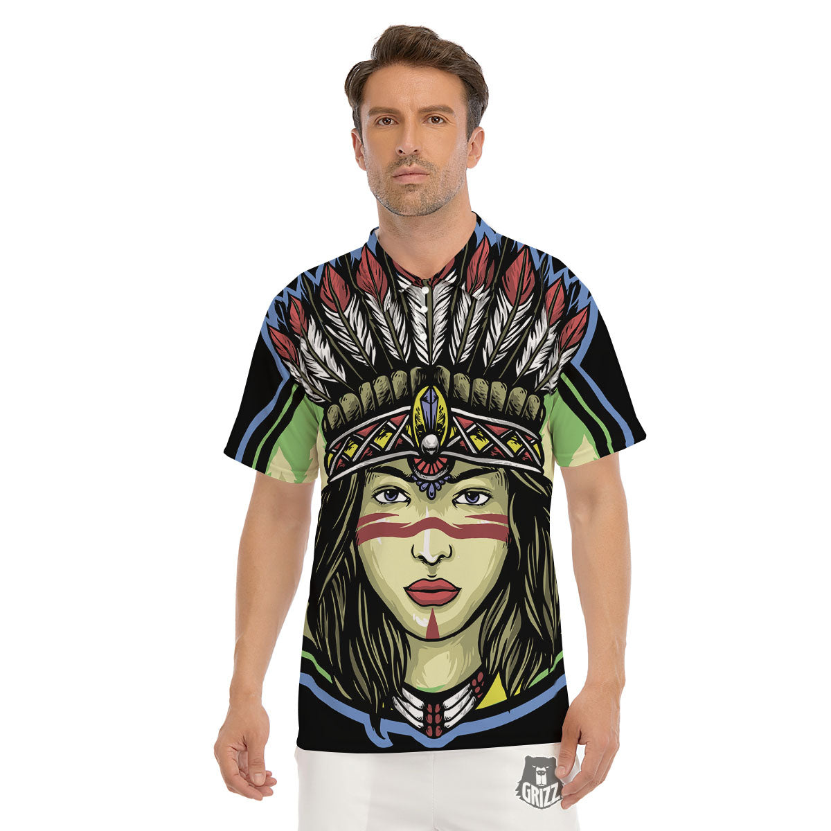 Woman Portrait Native Indian Print Men's Golf Shirts-grizzshop