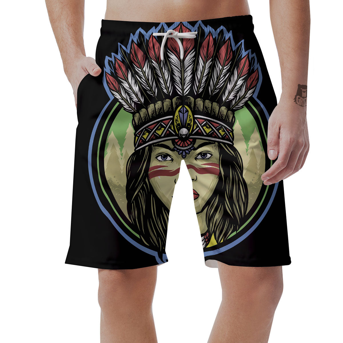Woman Portrait Native Indian Print Men's Shorts-grizzshop