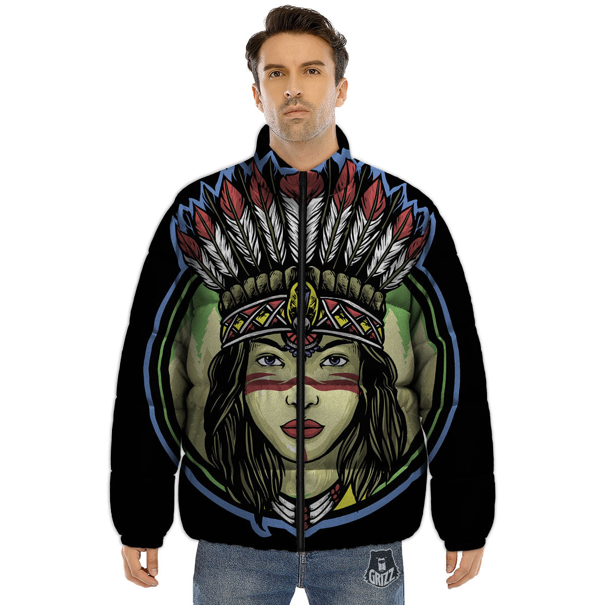 Woman Portrait Native Indian Print Puffer Jacket-grizzshop