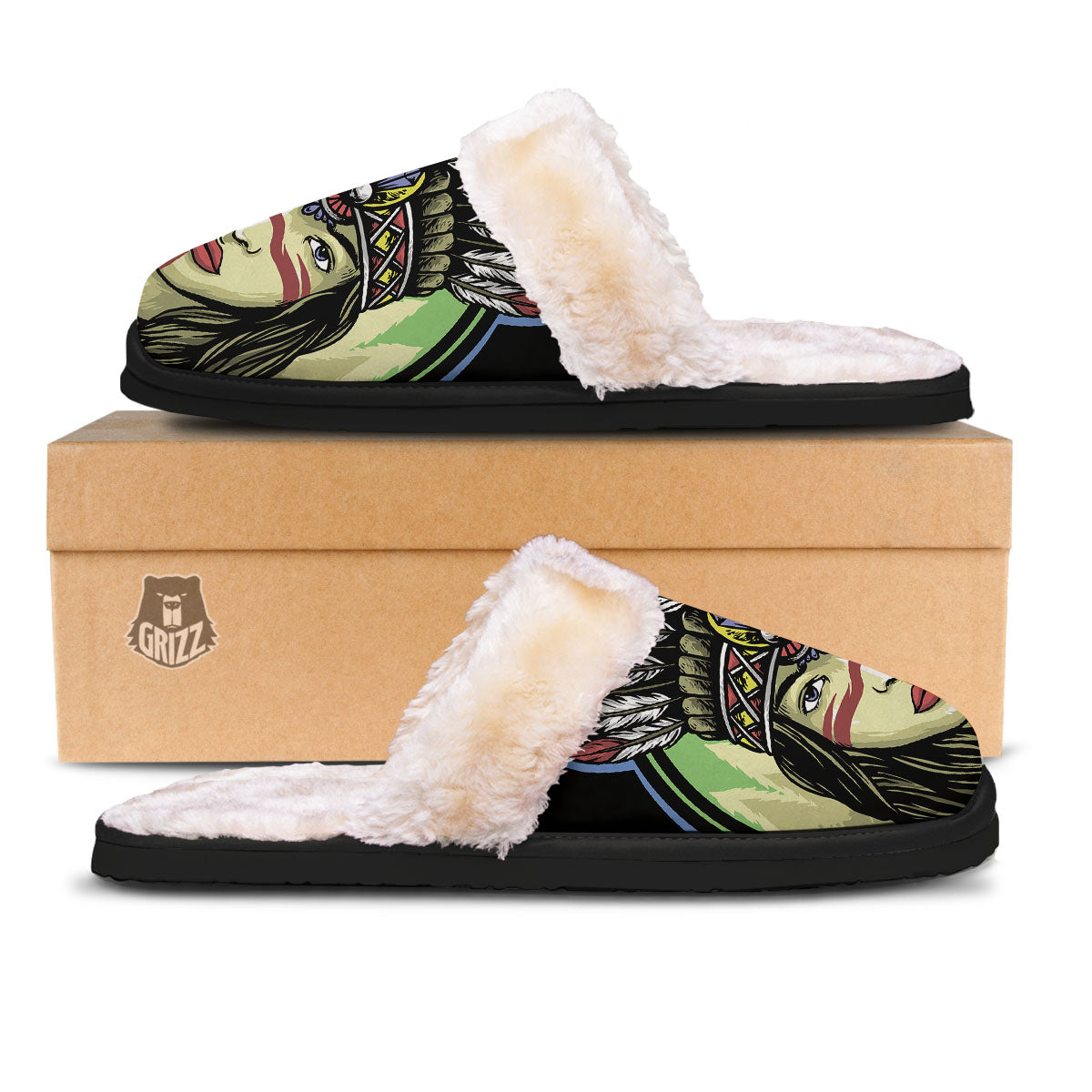 Woman Portrait Native Indian Print Slippers-grizzshop