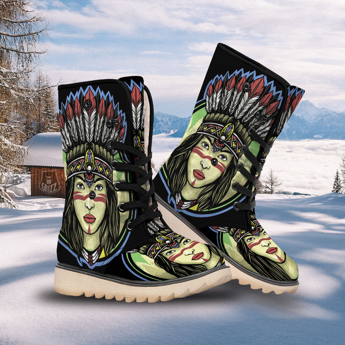Woman Portrait Native Indian Print Snow Boots-grizzshop