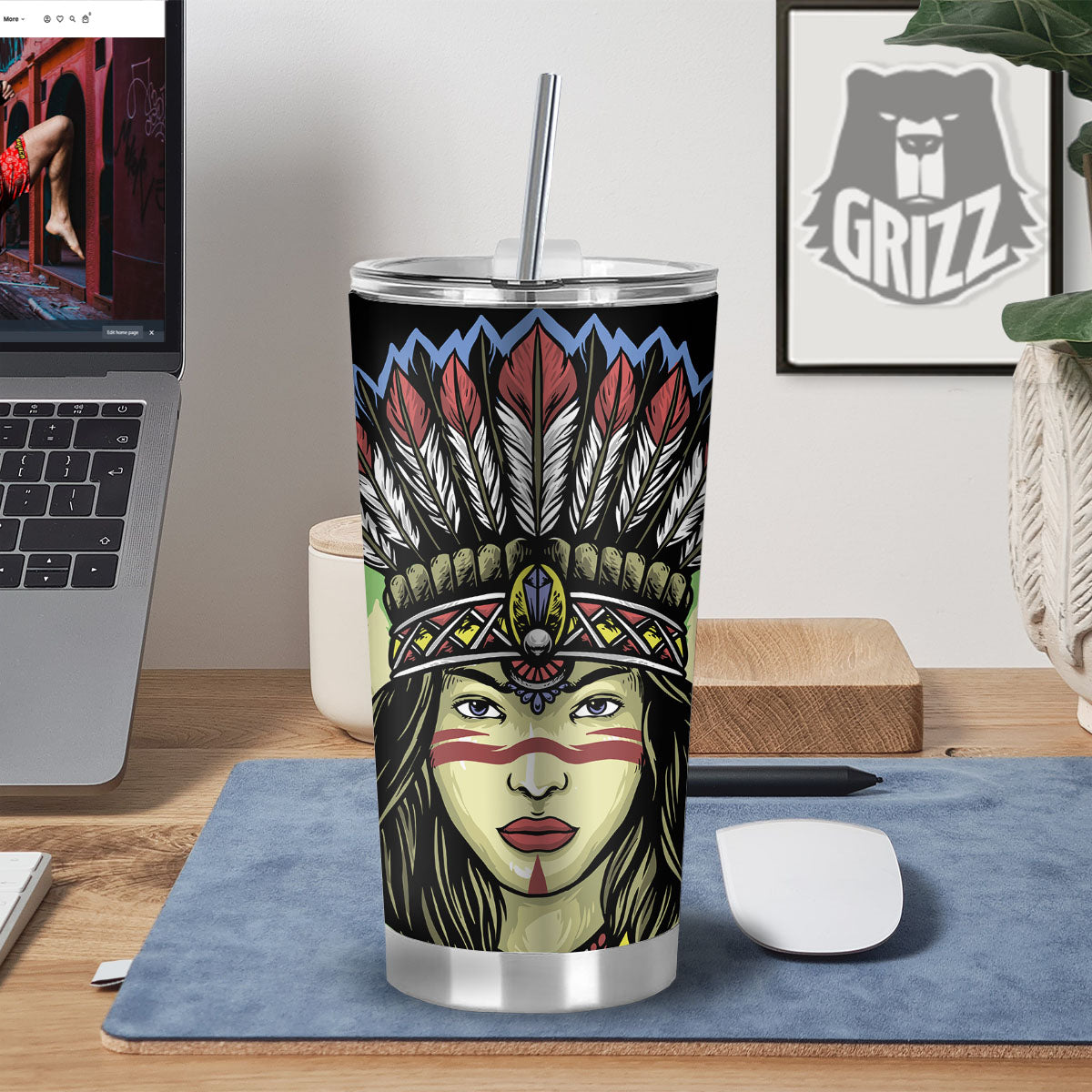 Woman Portrait Native Indian Print Tumbler-grizzshop