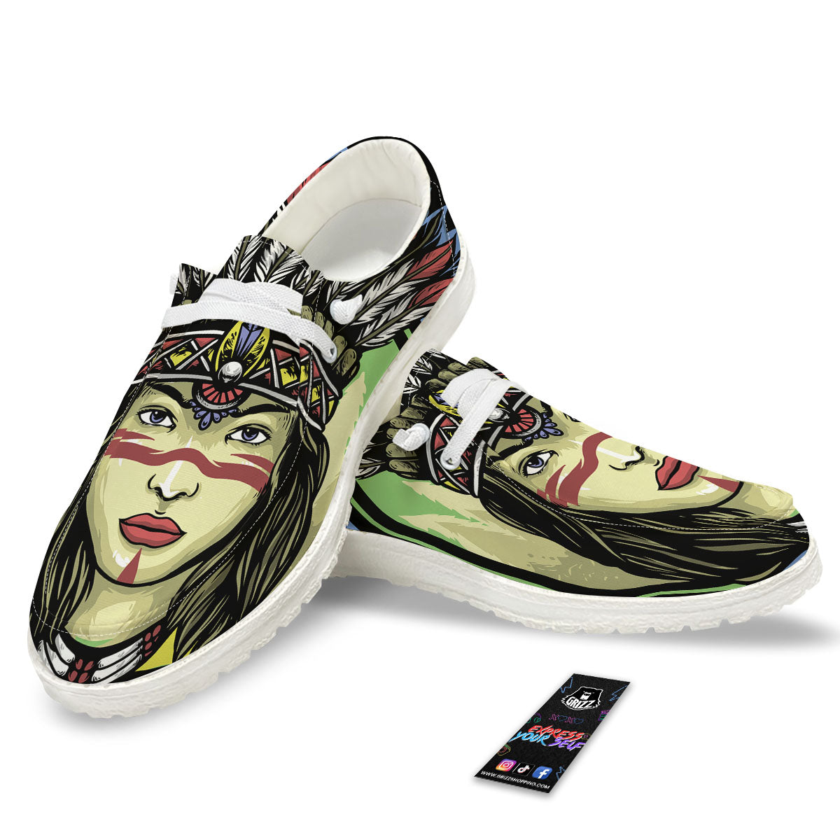 Woman Portrait Native Indian Print White Loafers-grizzshop