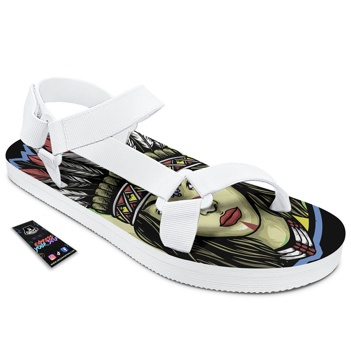 Woman Portrait Native Indian Print White Open Toe Sandals-grizzshop