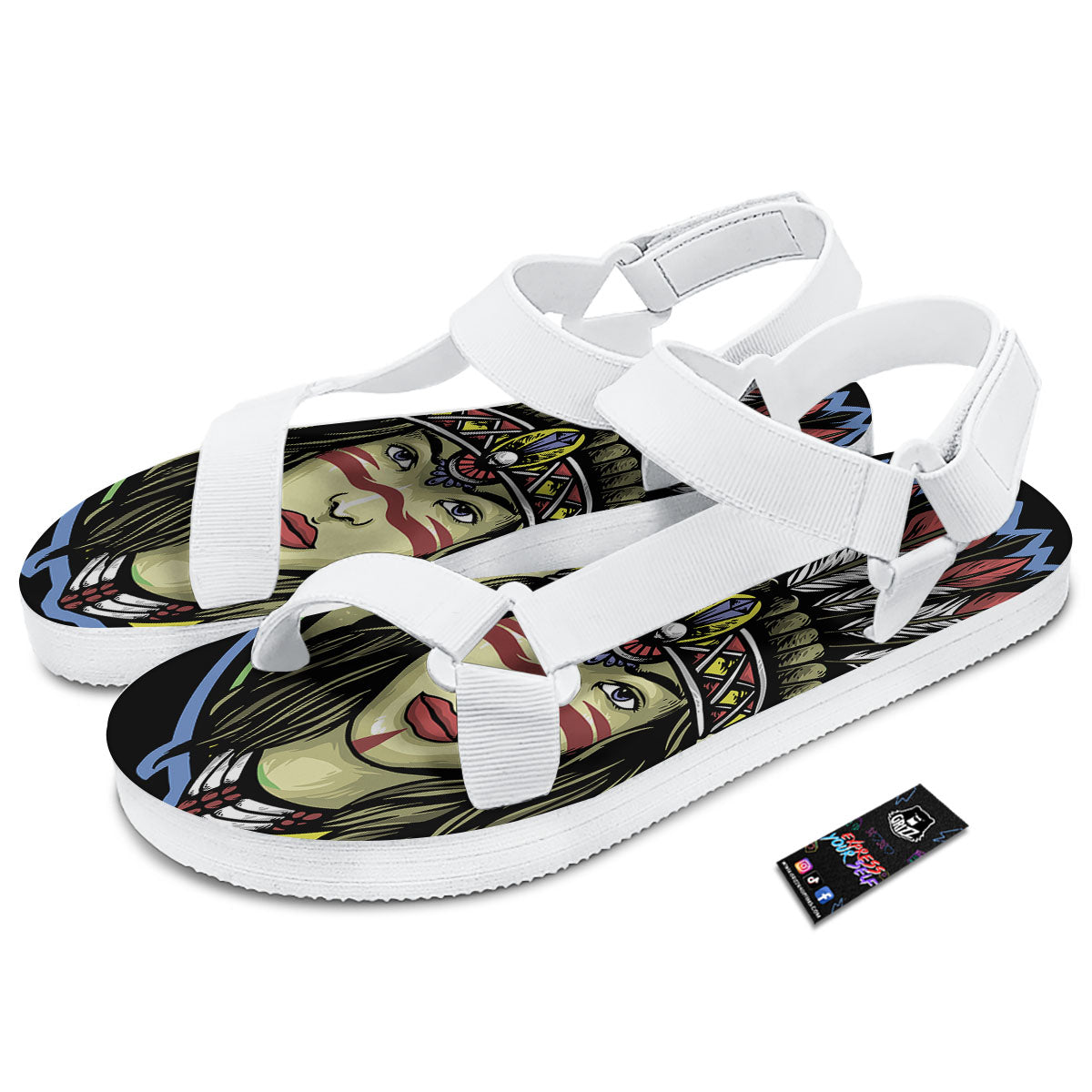 Woman Portrait Native Indian Print White Open Toe Sandals-grizzshop